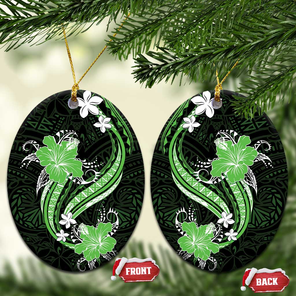 Green Polynesian Pattern With Tropical Flowers Ceramic Ornament