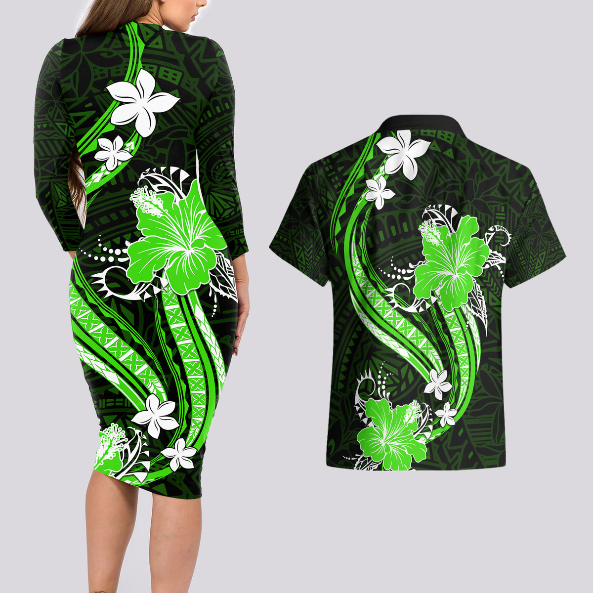 Green Polynesian Pattern With Tropical Flowers Couples Matching Long Sleeve Bodycon Dress and Hawaiian Shirt LT05 - Polynesian Pride