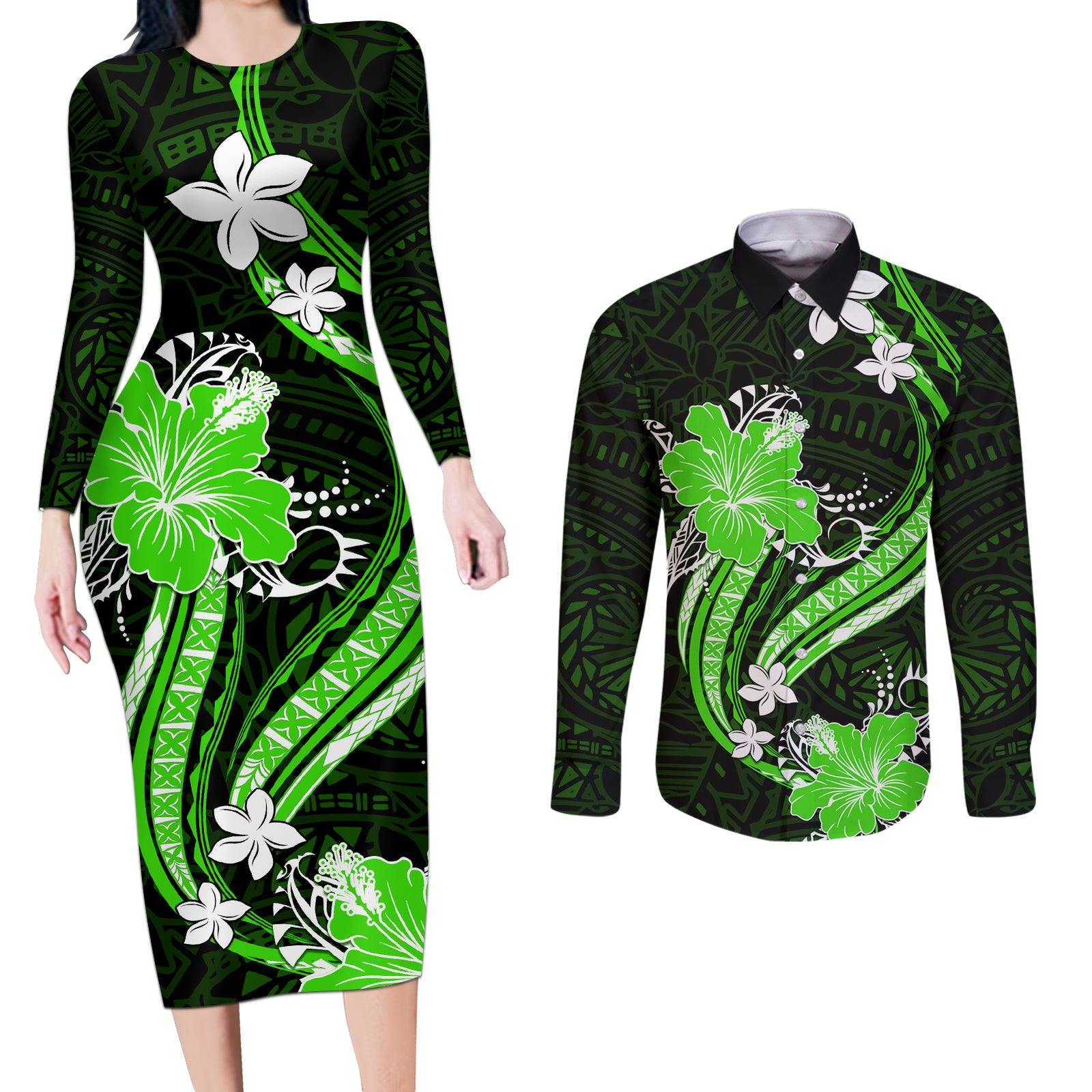 Green Polynesian Pattern With Tropical Flowers Couples Matching Long Sleeve Bodycon Dress and Long Sleeve Button Shirt LT05 Green - Polynesian Pride