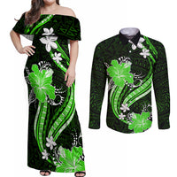 Green Polynesian Pattern With Tropical Flowers Couples Matching Off Shoulder Maxi Dress and Long Sleeve Button Shirt LT05 Green - Polynesian Pride