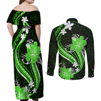 Green Polynesian Pattern With Tropical Flowers Couples Matching Off Shoulder Maxi Dress and Long Sleeve Button Shirt LT05 - Polynesian Pride
