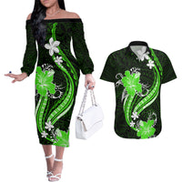 Green Polynesian Pattern With Tropical Flowers Couples Matching Off The Shoulder Long Sleeve Dress and Hawaiian Shirt LT05 Green - Polynesian Pride
