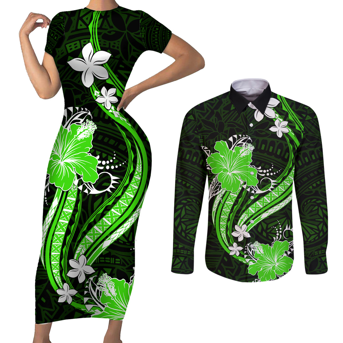 Green Polynesian Pattern With Tropical Flowers Couples Matching Short Sleeve Bodycon Dress and Long Sleeve Button Shirt LT05 Green - Polynesian Pride