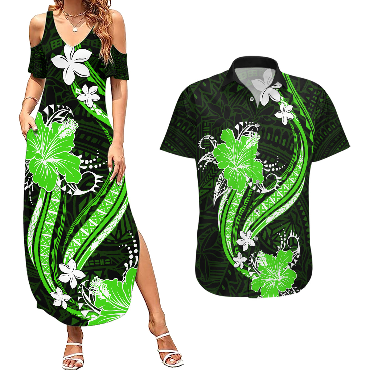 Green Polynesian Pattern With Tropical Flowers Couples Matching Summer Maxi Dress and Hawaiian Shirt LT05 Green - Polynesian Pride