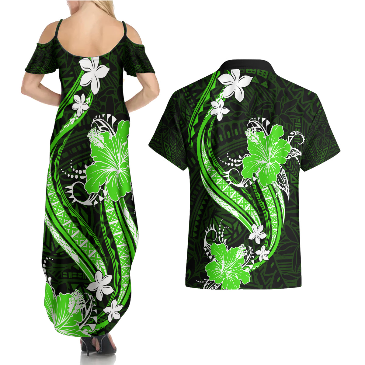Green Polynesian Pattern With Tropical Flowers Couples Matching Summer Maxi Dress and Hawaiian Shirt LT05 - Polynesian Pride
