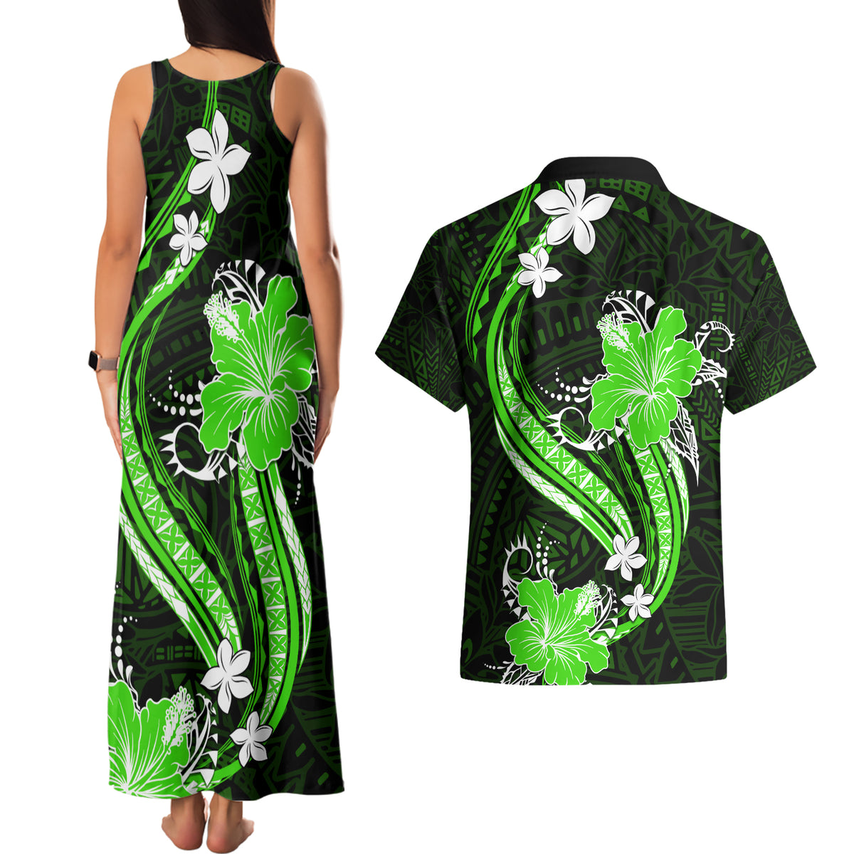 Green Polynesian Pattern With Tropical Flowers Couples Matching Tank Maxi Dress and Hawaiian Shirt LT05 - Polynesian Pride