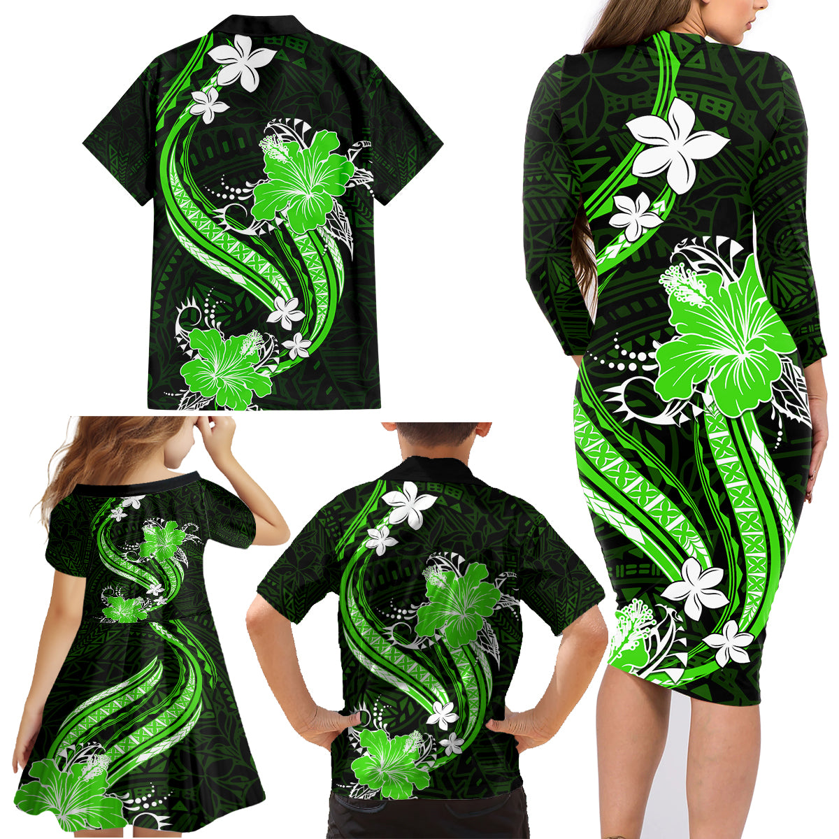 Green Polynesian Pattern With Tropical Flowers Family Matching Long Sleeve Bodycon Dress and Hawaiian Shirt LT05 - Polynesian Pride