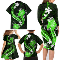 Green Polynesian Pattern With Tropical Flowers Family Matching Long Sleeve Bodycon Dress and Hawaiian Shirt LT05 - Polynesian Pride