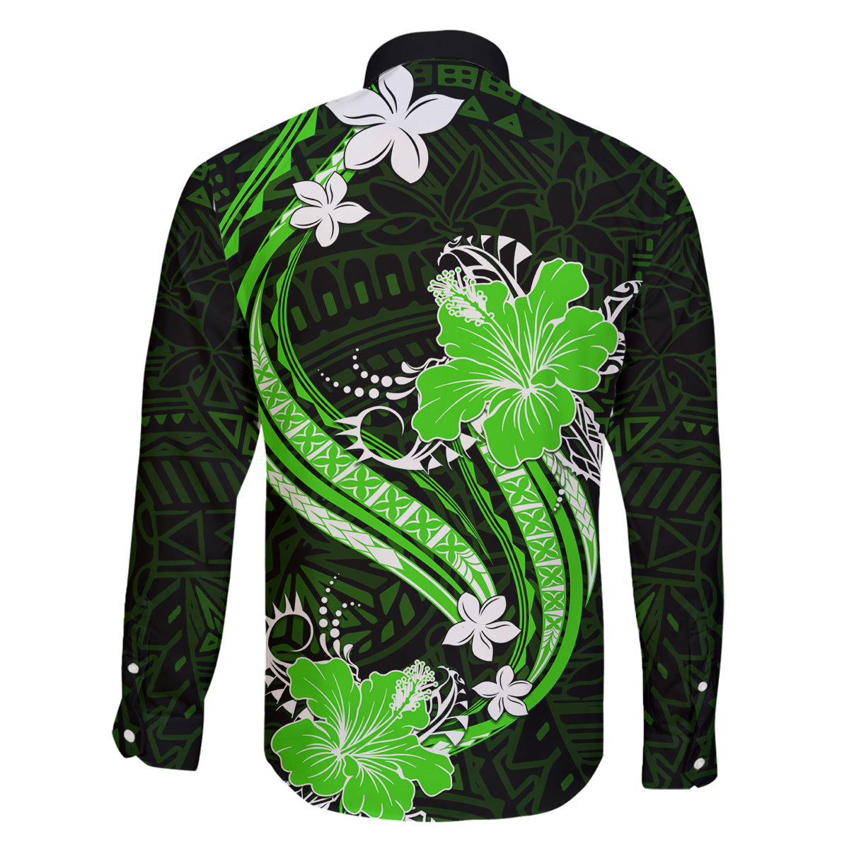 Green Polynesian Pattern With Tropical Flowers Family Matching Long Sleeve Bodycon Dress and Hawaiian Shirt LT05 - Polynesian Pride