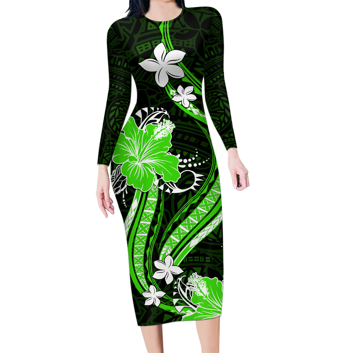 Green Polynesian Pattern With Tropical Flowers Family Matching Long Sleeve Bodycon Dress and Hawaiian Shirt LT05 Mom's Dress Green - Polynesian Pride