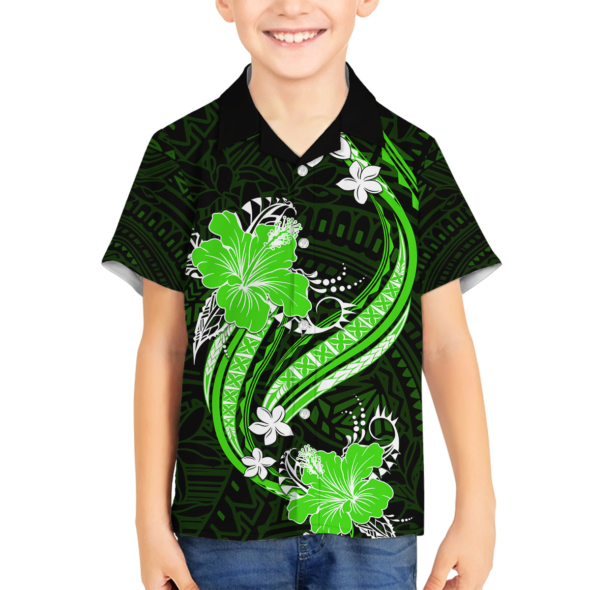 Green Polynesian Pattern With Tropical Flowers Family Matching Long Sleeve Bodycon Dress and Hawaiian Shirt LT05 Son's Shirt Green - Polynesian Pride