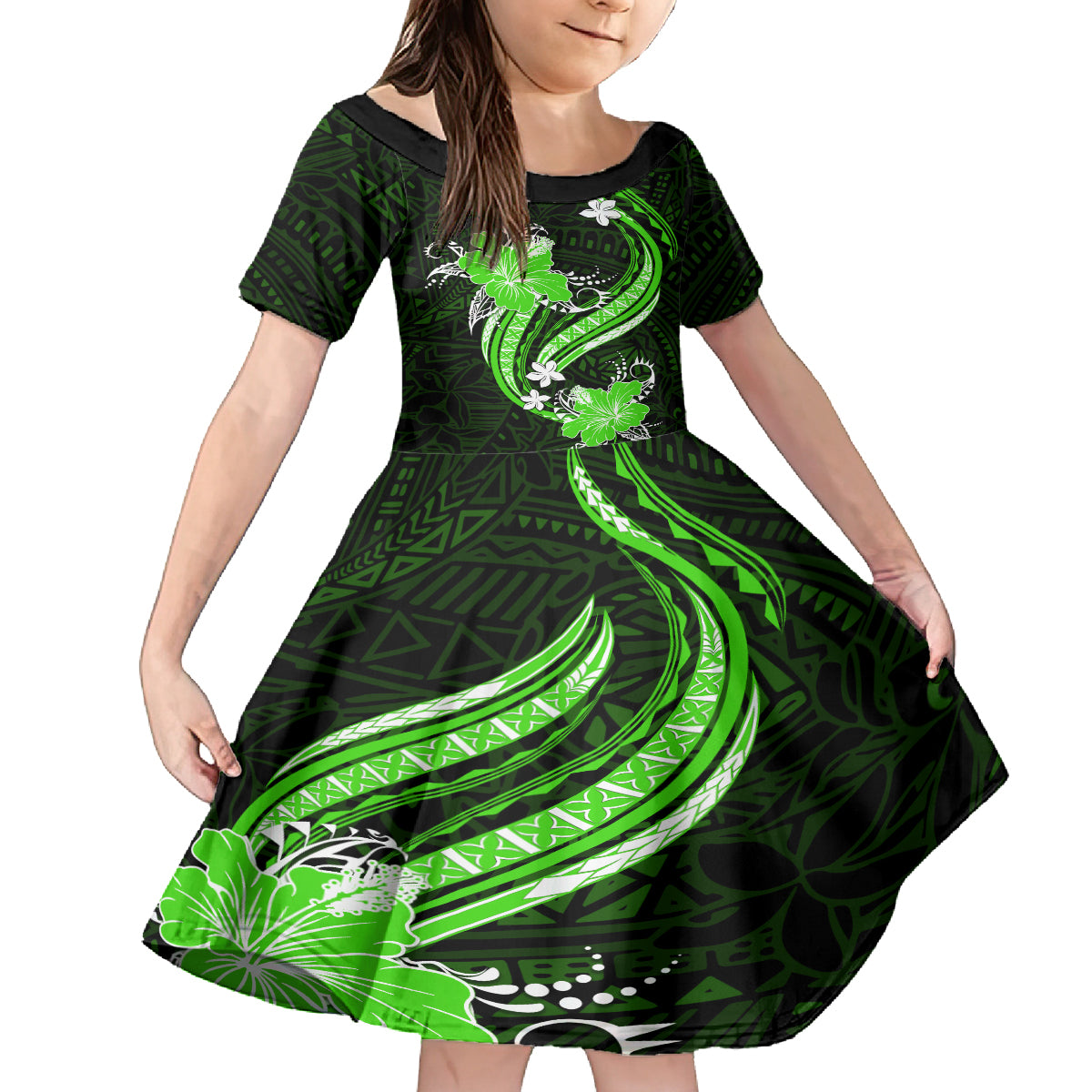 Green Polynesian Pattern With Tropical Flowers Family Matching Off Shoulder Long Sleeve Dress and Hawaiian Shirt LT05 Daughter's Dress Green - Polynesian Pride