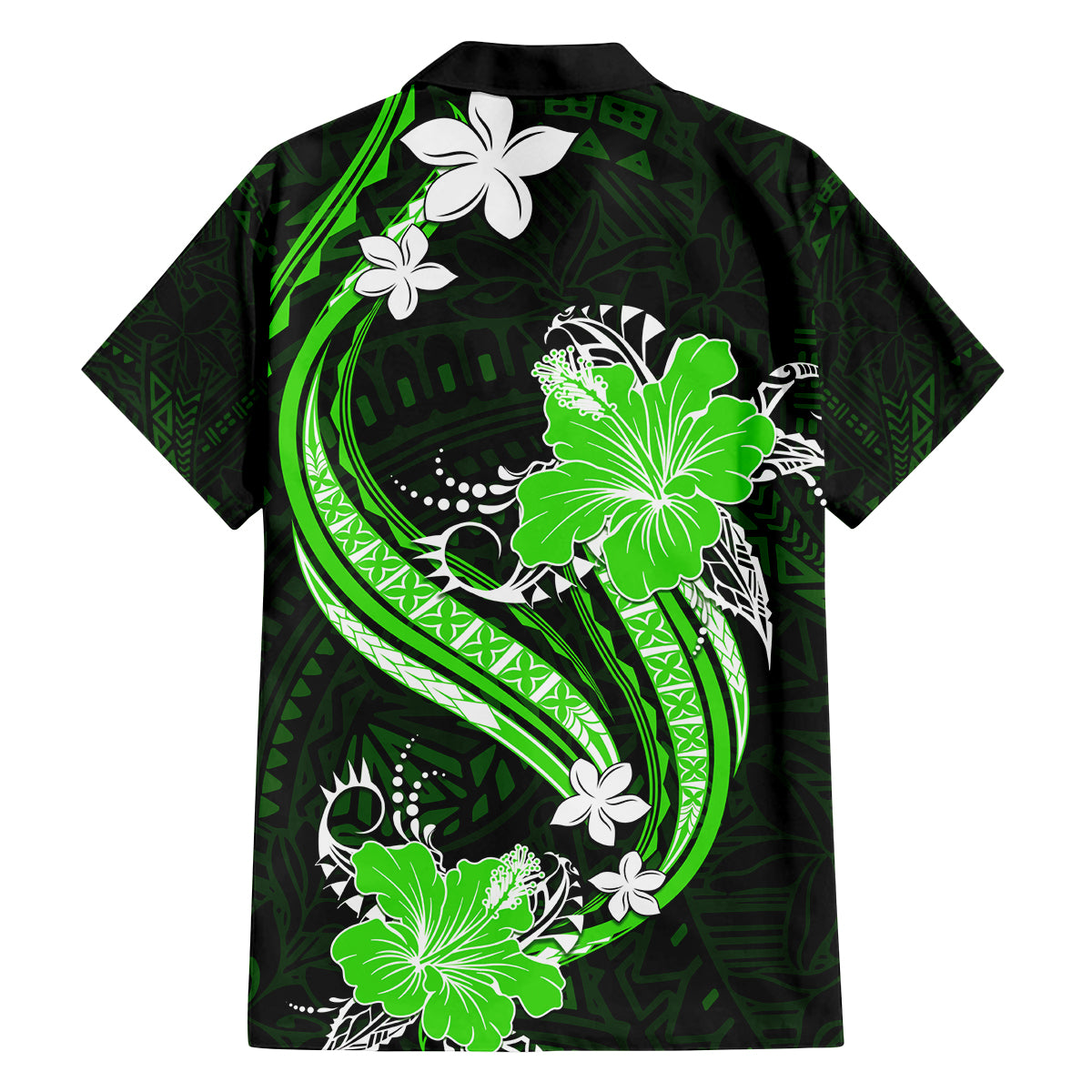 Green Polynesian Pattern With Tropical Flowers Family Matching Off Shoulder Long Sleeve Dress and Hawaiian Shirt LT05 - Polynesian Pride