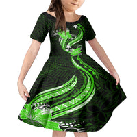 Green Polynesian Pattern With Tropical Flowers Family Matching Short Sleeve Bodycon Dress and Hawaiian Shirt LT05 Daughter's Dress Green - Polynesian Pride