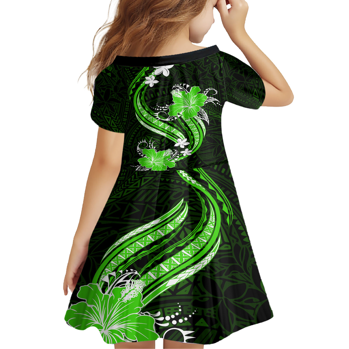 Green Polynesian Pattern With Tropical Flowers Family Matching Short Sleeve Bodycon Dress and Hawaiian Shirt LT05 - Polynesian Pride