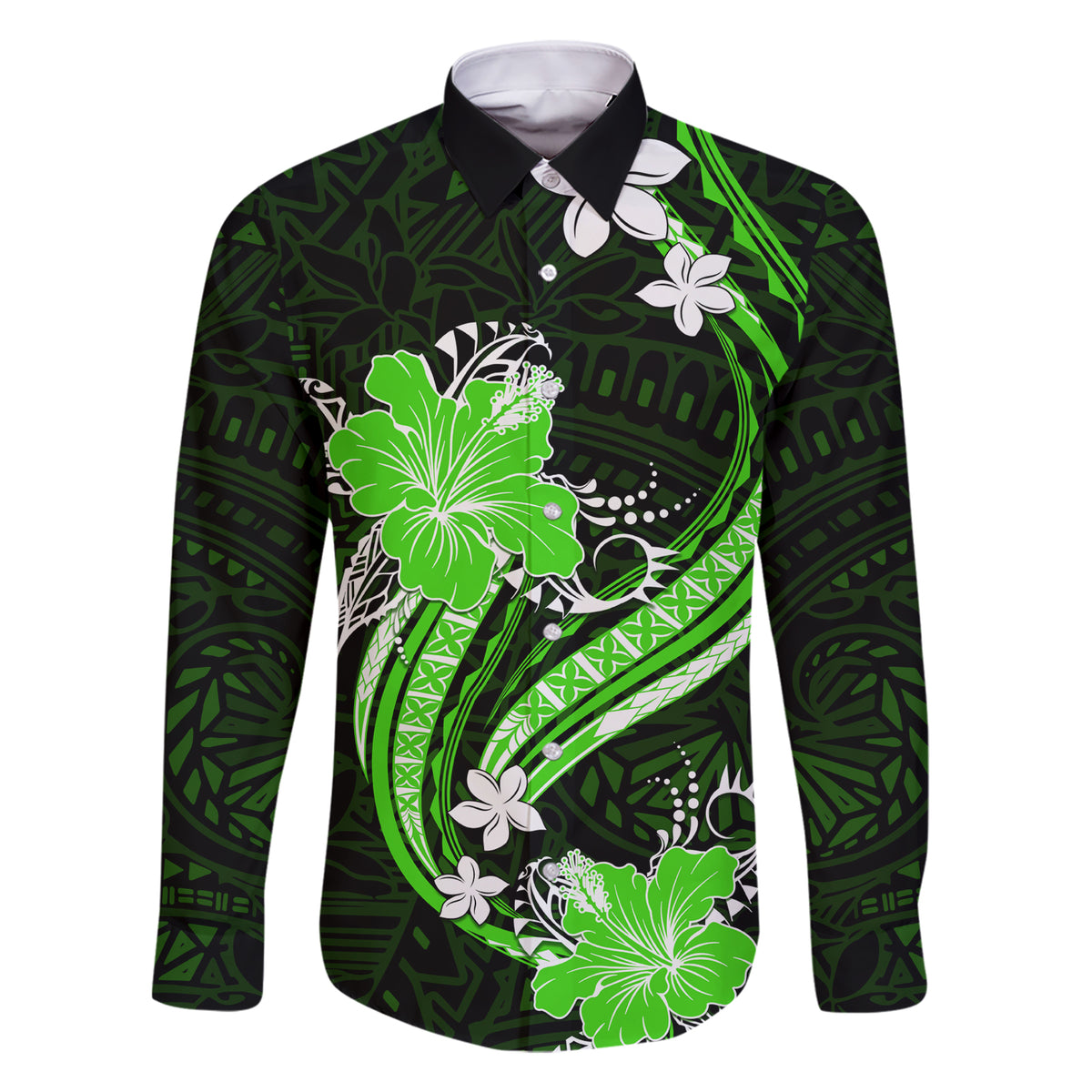 Green Polynesian Pattern With Tropical Flowers Family Matching Short Sleeve Bodycon Dress and Hawaiian Shirt LT05 Dad's Shirt - Long Sleeve Green - Polynesian Pride