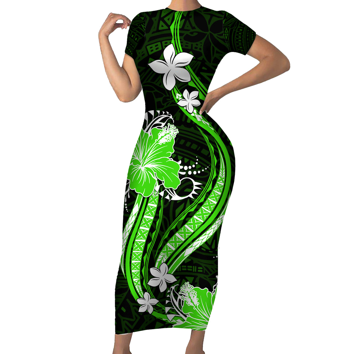 Green Polynesian Pattern With Tropical Flowers Family Matching Short Sleeve Bodycon Dress and Hawaiian Shirt LT05 Mom's Dress Green - Polynesian Pride