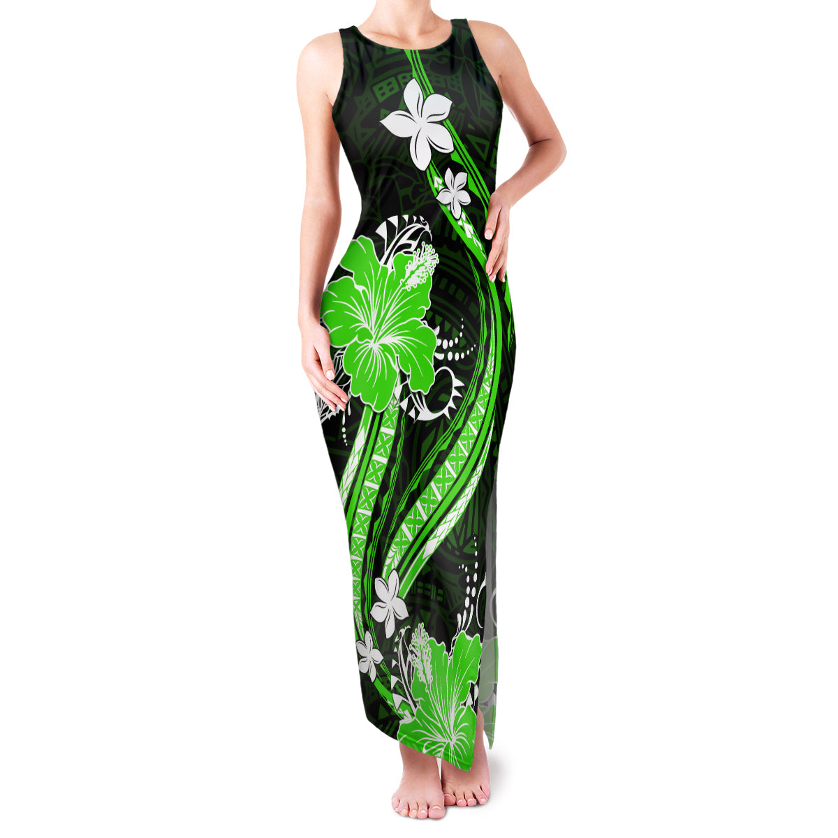 Green Polynesian Pattern With Tropical Flowers Family Matching Tank Maxi Dress and Hawaiian Shirt LT05 Mom's Dress Green - Polynesian Pride