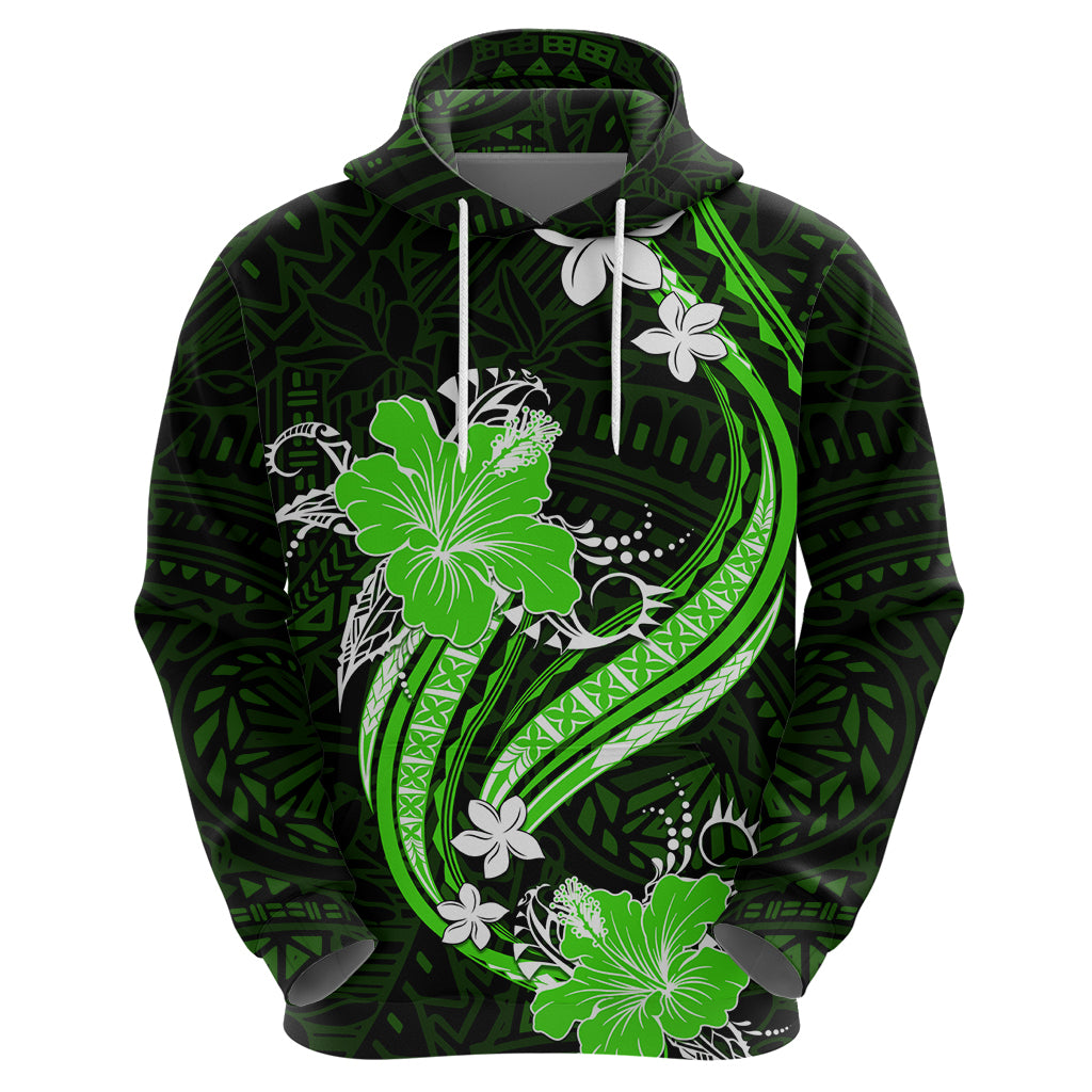 Green Polynesian Pattern With Tropical Flowers Hoodie LT05 - Polynesian Pride