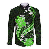 Green Polynesian Pattern With Tropical Flowers Long Sleeve Button Shirt LT05 Unisex Green - Polynesian Pride