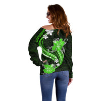 Green Polynesian Pattern With Tropical Flowers Off Shoulder Sweater LT05 - Polynesian Pride
