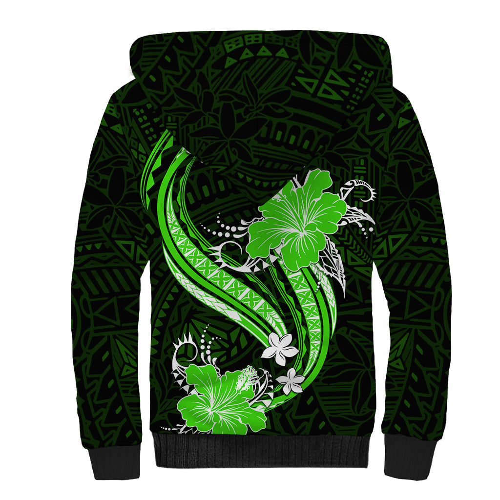 Green Polynesian Pattern With Tropical Flowers Sherpa Hoodie LT05 - Polynesian Pride