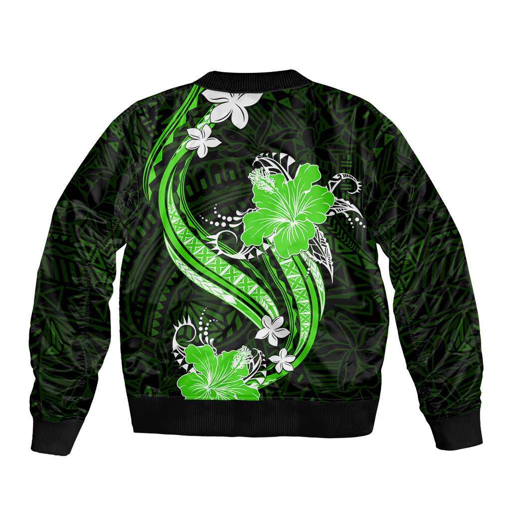 Green Polynesian Pattern With Tropical Flowers Sleeve Zip Bomber Jacket LT05 - Polynesian Pride