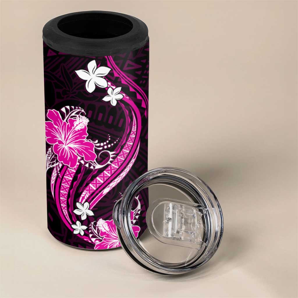 Pink Polynesian Pattern With Tropical Flowers 4 in 1 Can Cooler Tumbler
