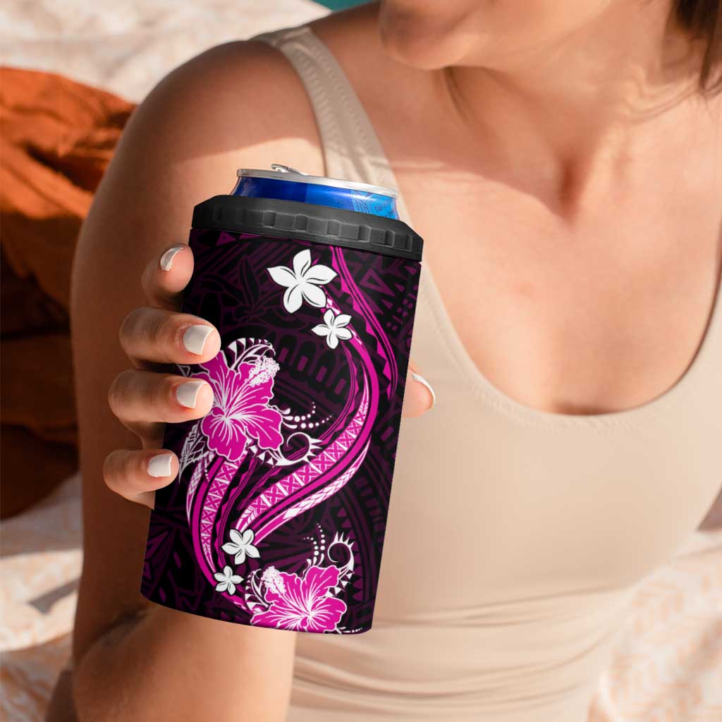 Pink Polynesian Pattern With Tropical Flowers 4 in 1 Can Cooler Tumbler