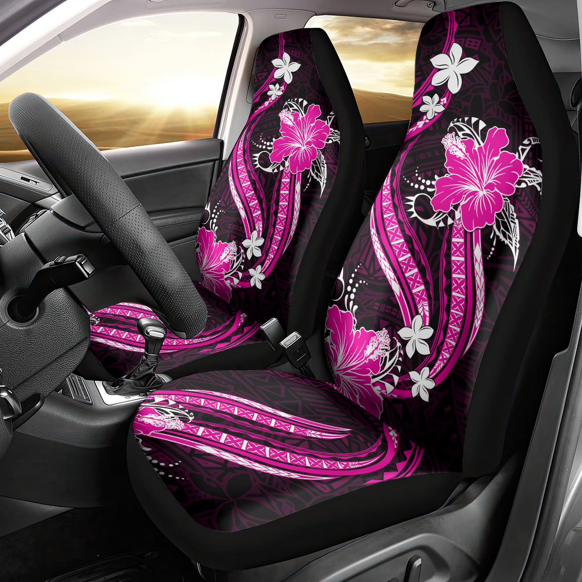 Pink Polynesian Pattern With Tropical Flowers Car Seat Cover LT05 - Polynesian Pride