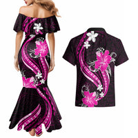 Pink Polynesian Pattern With Tropical Flowers Couples Matching Mermaid Dress and Hawaiian Shirt LT05 - Polynesian Pride