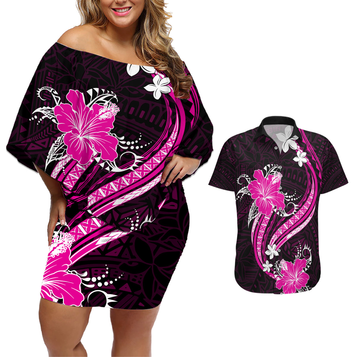 Pink Polynesian Pattern With Tropical Flowers Couples Matching Off Shoulder Short Dress and Hawaiian Shirt LT05 Pink - Polynesian Pride