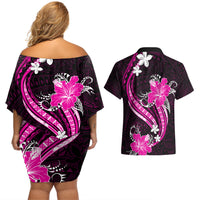 Pink Polynesian Pattern With Tropical Flowers Couples Matching Off Shoulder Short Dress and Hawaiian Shirt LT05 - Polynesian Pride