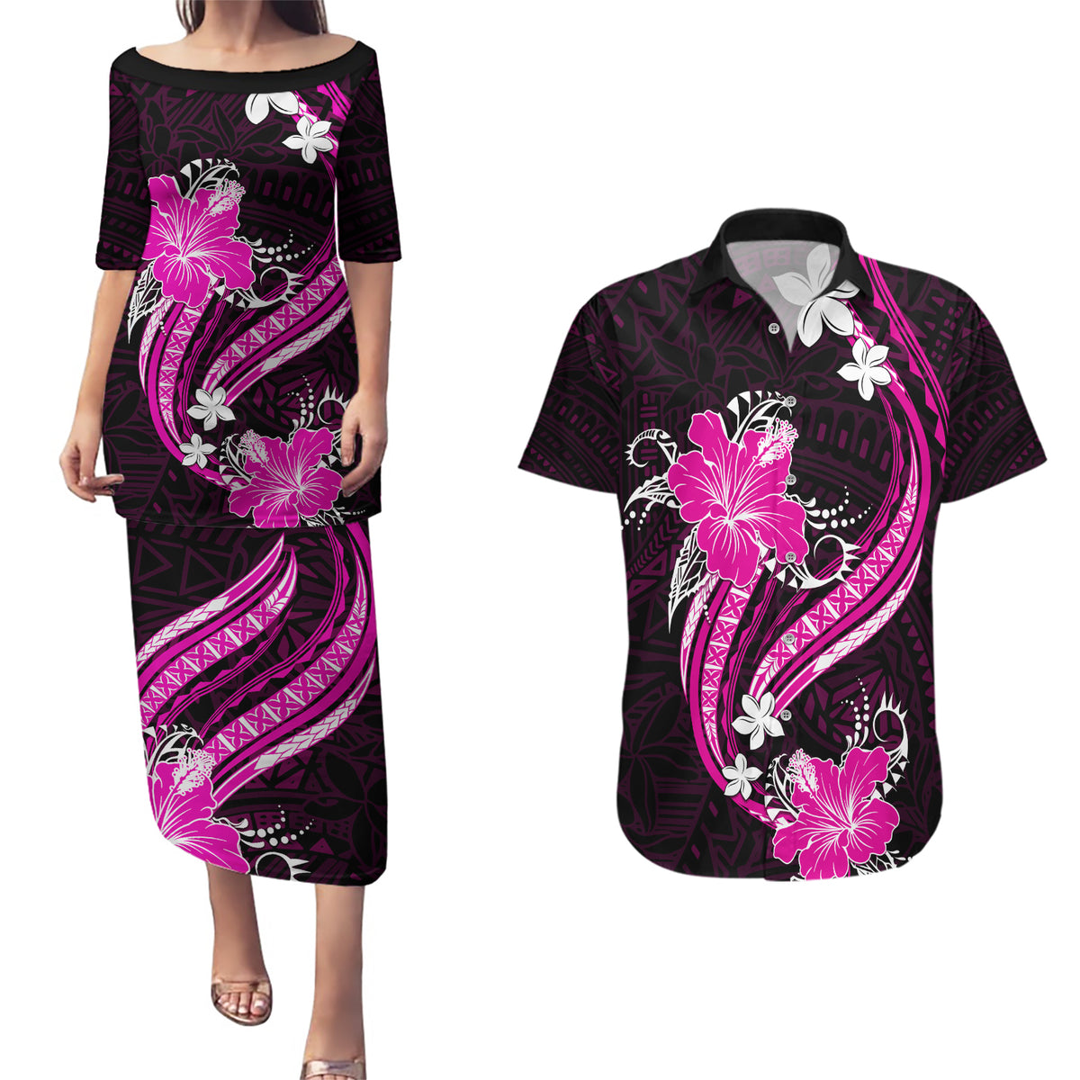 Pink Polynesian Pattern With Tropical Flowers Couples Matching Puletasi Dress and Hawaiian Shirt LT05 Pink - Polynesian Pride