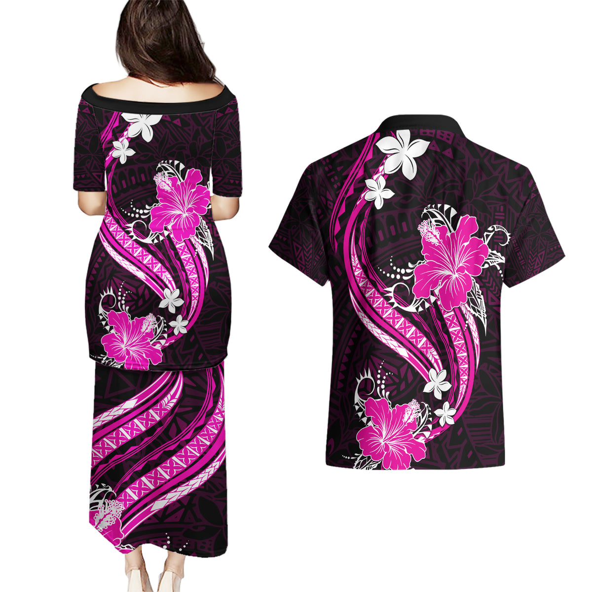 Pink Polynesian Pattern With Tropical Flowers Couples Matching Puletasi Dress and Hawaiian Shirt LT05 - Polynesian Pride