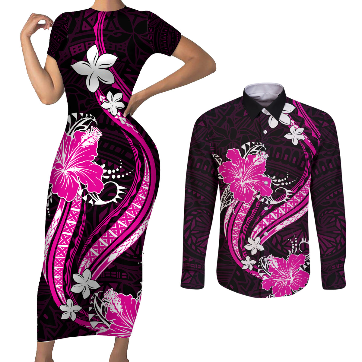 Pink Polynesian Pattern With Tropical Flowers Couples Matching Short Sleeve Bodycon Dress and Long Sleeve Button Shirt LT05 Pink - Polynesian Pride