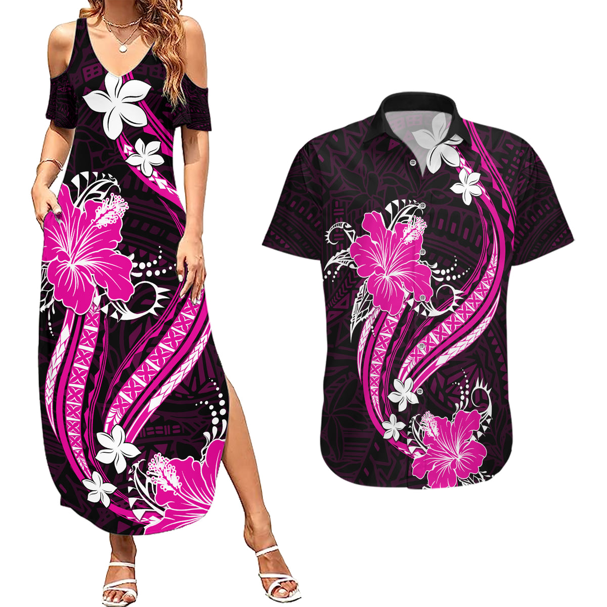 Pink Polynesian Pattern With Tropical Flowers Couples Matching Summer Maxi Dress and Hawaiian Shirt LT05 Pink - Polynesian Pride