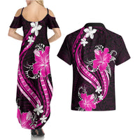 Pink Polynesian Pattern With Tropical Flowers Couples Matching Summer Maxi Dress and Hawaiian Shirt LT05 - Polynesian Pride
