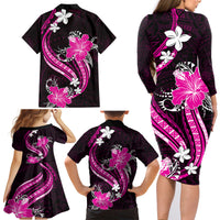 Pink Polynesian Pattern With Tropical Flowers Family Matching Long Sleeve Bodycon Dress and Hawaiian Shirt LT05 - Polynesian Pride