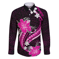 Pink Polynesian Pattern With Tropical Flowers Family Matching Long Sleeve Bodycon Dress and Hawaiian Shirt LT05 Dad's Shirt - Long Sleeve Pink - Polynesian Pride
