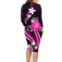 Pink Polynesian Pattern With Tropical Flowers Family Matching Long Sleeve Bodycon Dress and Hawaiian Shirt LT05 - Polynesian Pride
