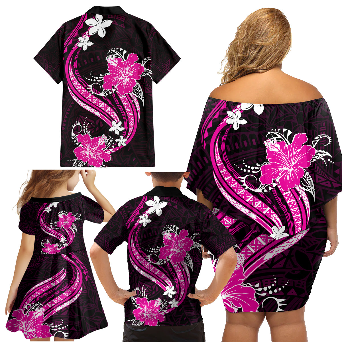 Pink Polynesian Pattern With Tropical Flowers Family Matching Off Shoulder Short Dress and Hawaiian Shirt LT05 - Polynesian Pride