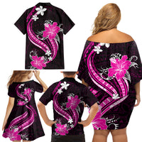 Pink Polynesian Pattern With Tropical Flowers Family Matching Off Shoulder Short Dress and Hawaiian Shirt LT05 - Polynesian Pride