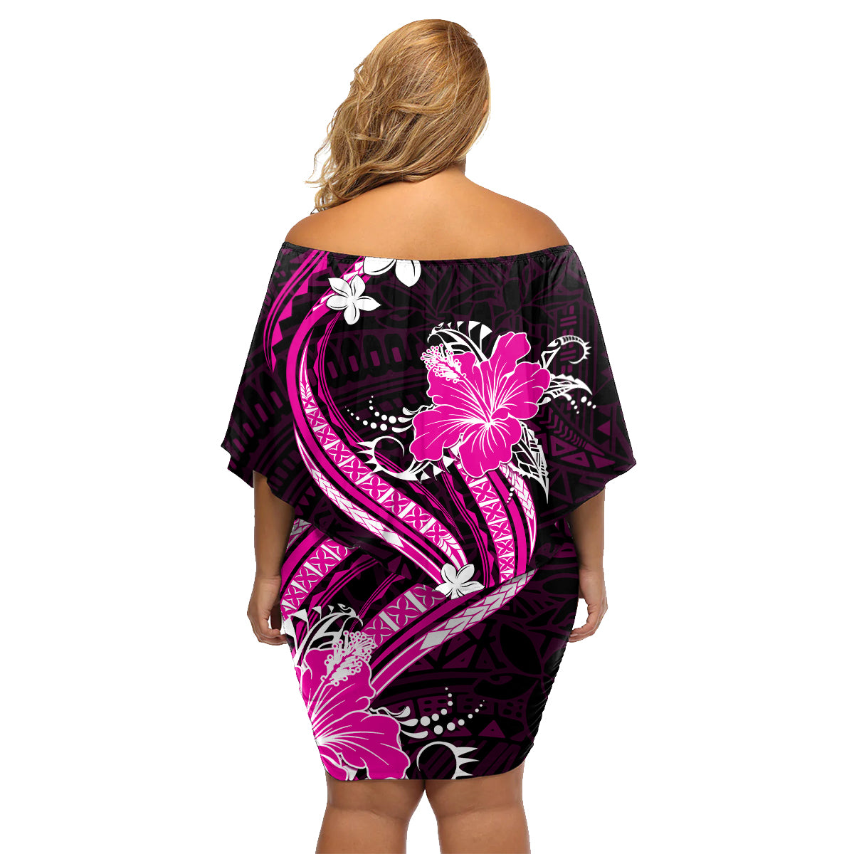 Pink Polynesian Pattern With Tropical Flowers Family Matching Off Shoulder Short Dress and Hawaiian Shirt LT05 - Polynesian Pride