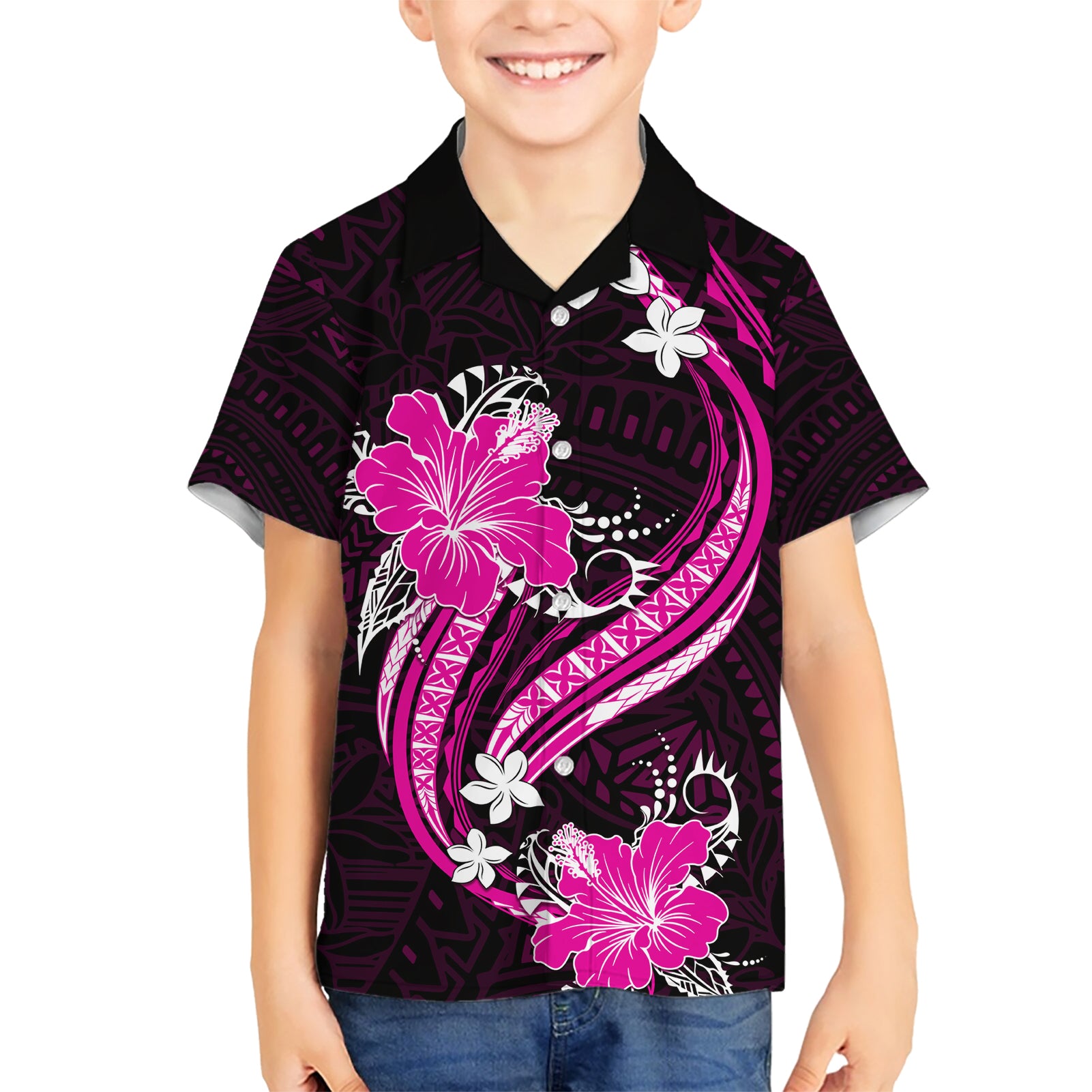 Pink Polynesian Pattern With Tropical Flowers Kid Hawaiian Shirt LT05 Kid Pink - Polynesian Pride