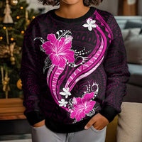 Pink Polynesian Pattern With Tropical Flowers Kid Ugly Christmas Sweater
