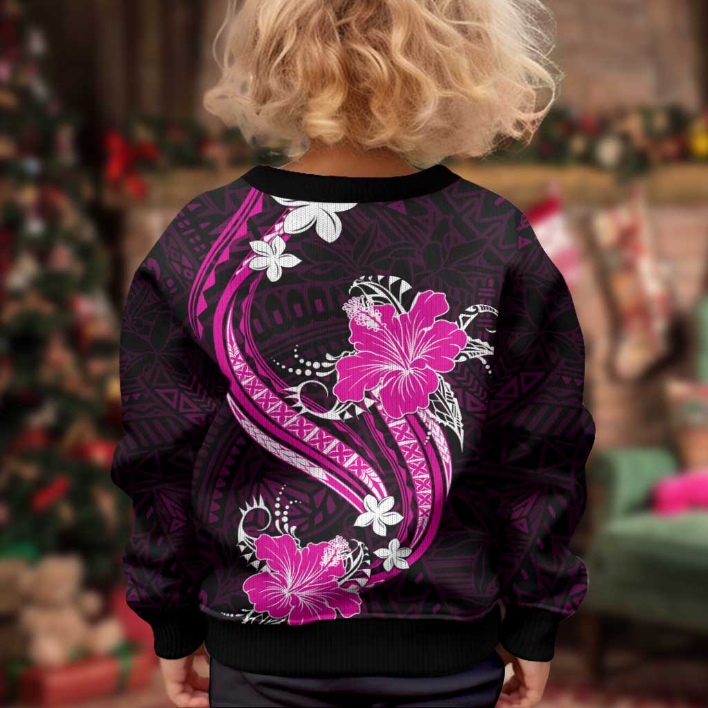 Pink Polynesian Pattern With Tropical Flowers Kid Ugly Christmas Sweater
