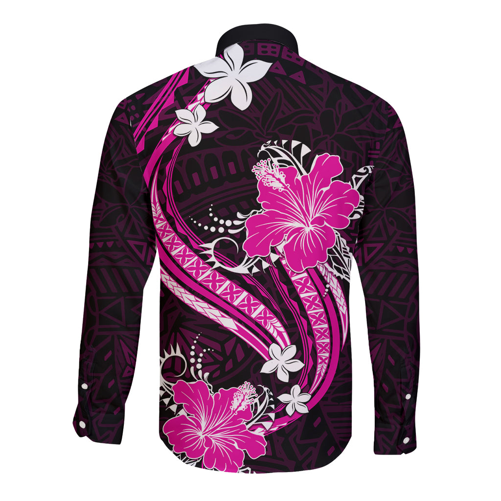 Pink Polynesian Pattern With Tropical Flowers Long Sleeve Button Shirt LT05 - Polynesian Pride