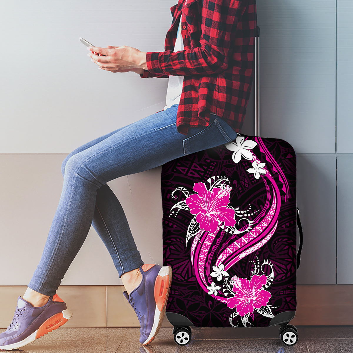 Pink Polynesian Pattern With Tropical Flowers Luggage Cover LT05 - Polynesian Pride