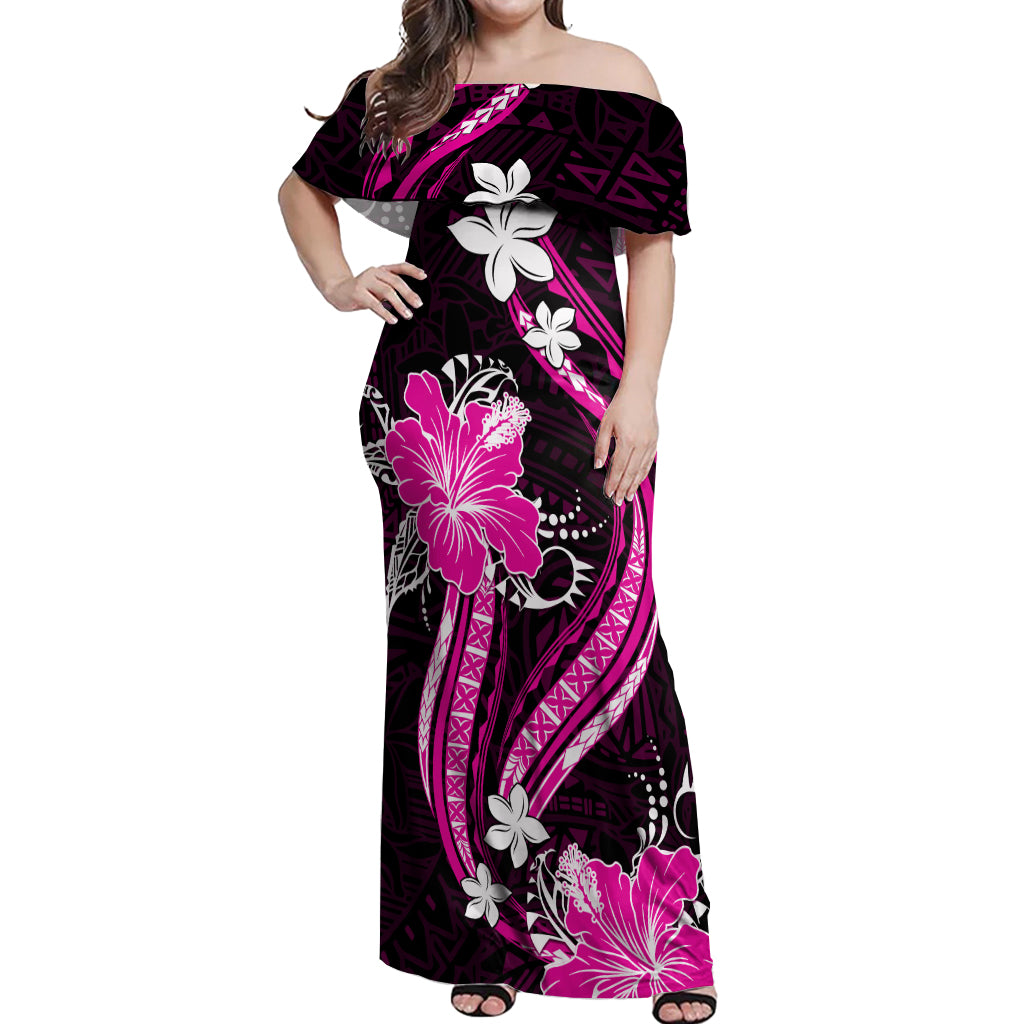Pink Polynesian Pattern With Tropical Flowers Off Shoulder Maxi Dress LT05 Women Pink - Polynesian Pride